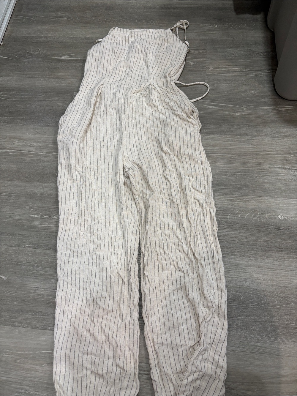 Monteau Cream Striped Linen Jumpsuit with Tie Straps